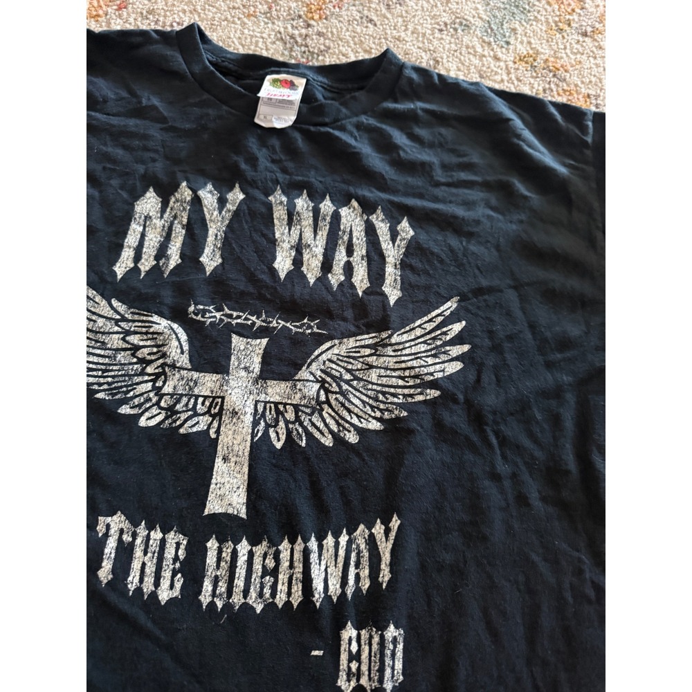 Fruit of the Loom Mens My Way Is The Highway God Winged Cross Graphic Tee XL